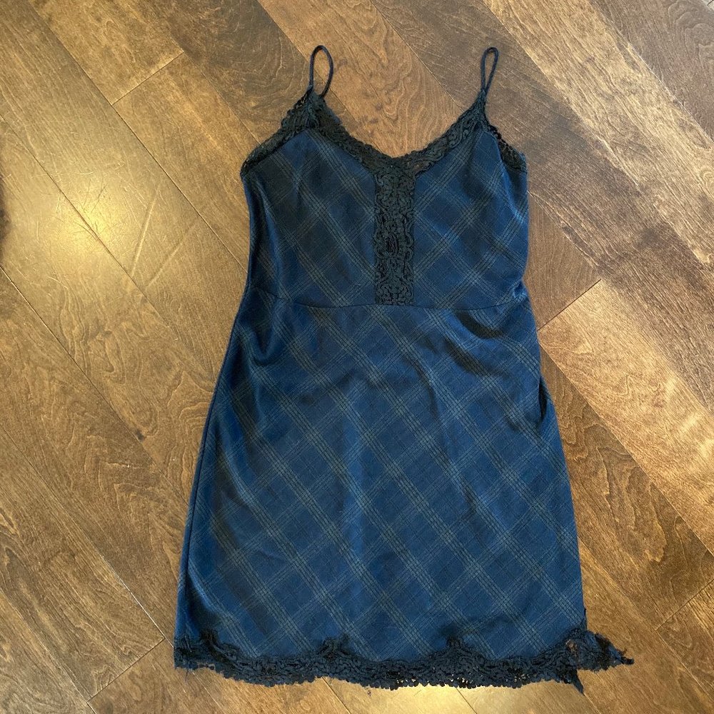Zara Navy Plaid Tartan Lace Trim Mini Slip Dress